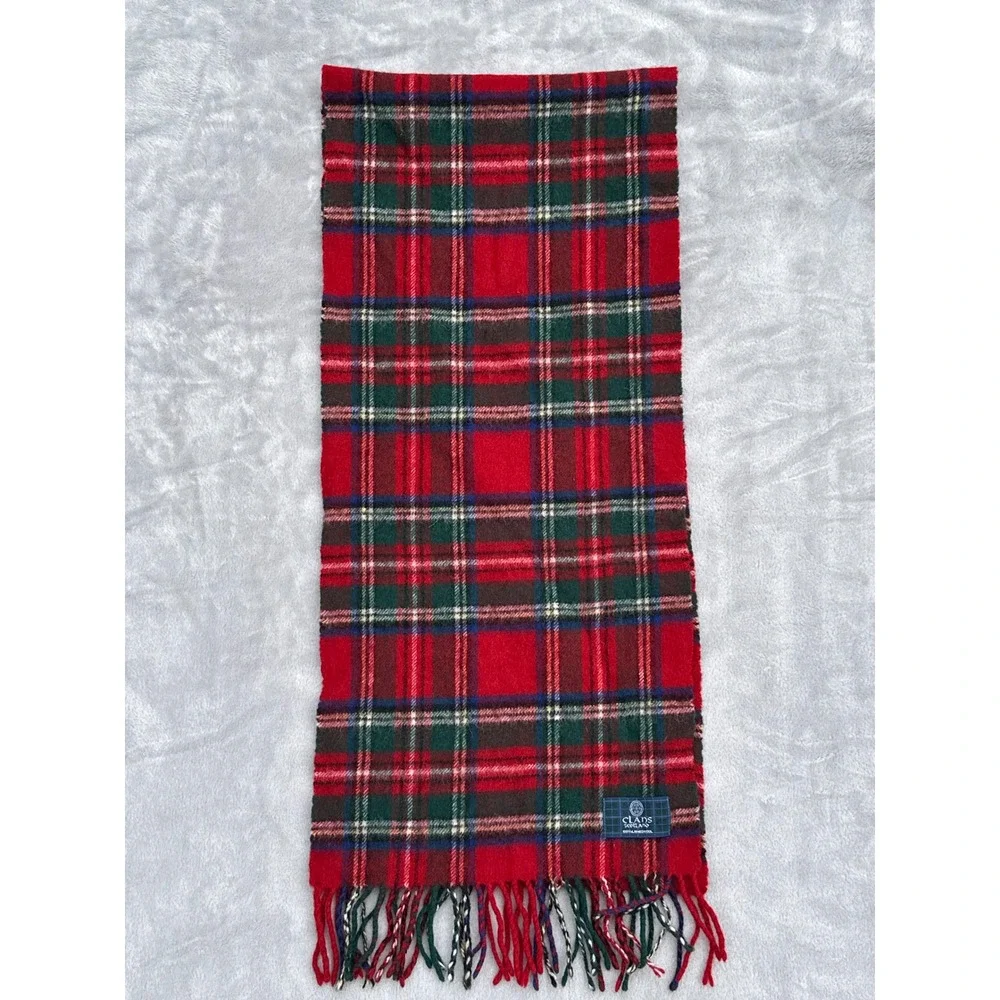 Clans of Scotland Red Plaid Tartan Lambswool Scarf Fringed Made in Scotland 58